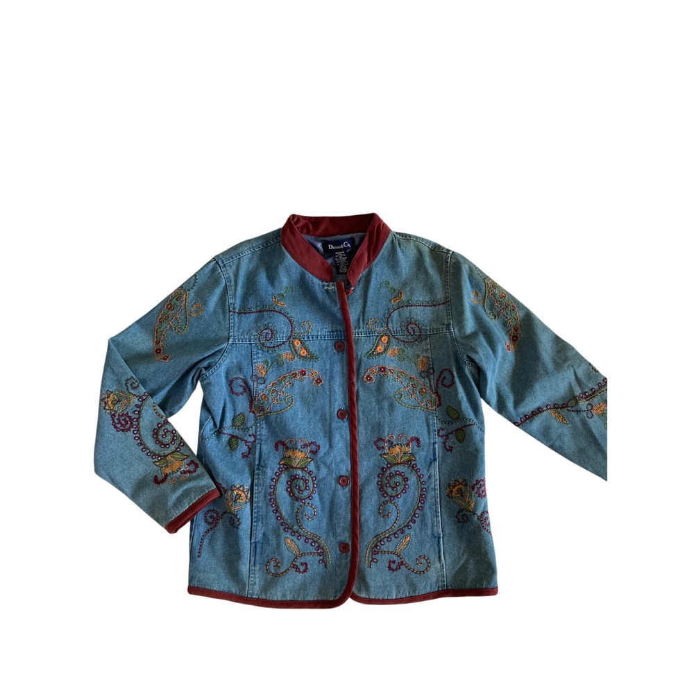 NWT Denim & Co Womens Medium Embroidered Paisley Denim Jacket Burgundy Trim